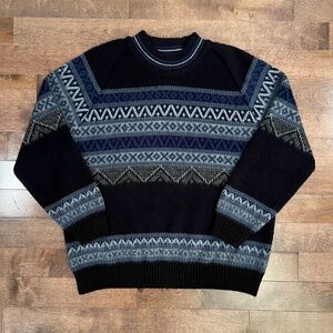 Vintage Tejidos Ruminahui Wool Knit Sweater Blue Pattern Made in Ecuador Size L
